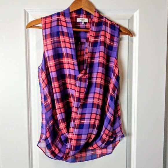 Babaton Plaid Sleeveless Sheer Silk Blouse - Picture 1 of 5